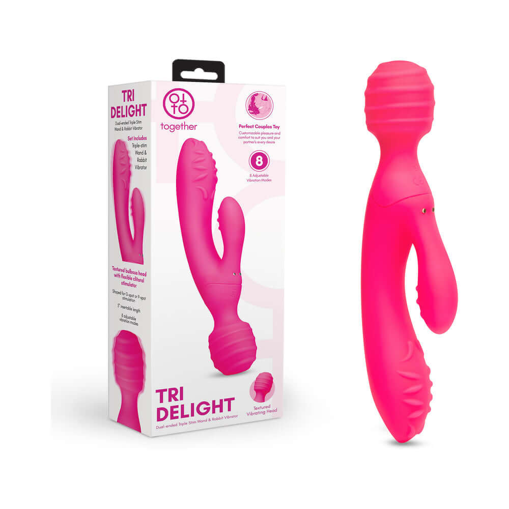 Together Tri Delight Dual-Ended Triple Stim Wand Rabbit Vibrator with textured surfaces for enhanced pleasure.