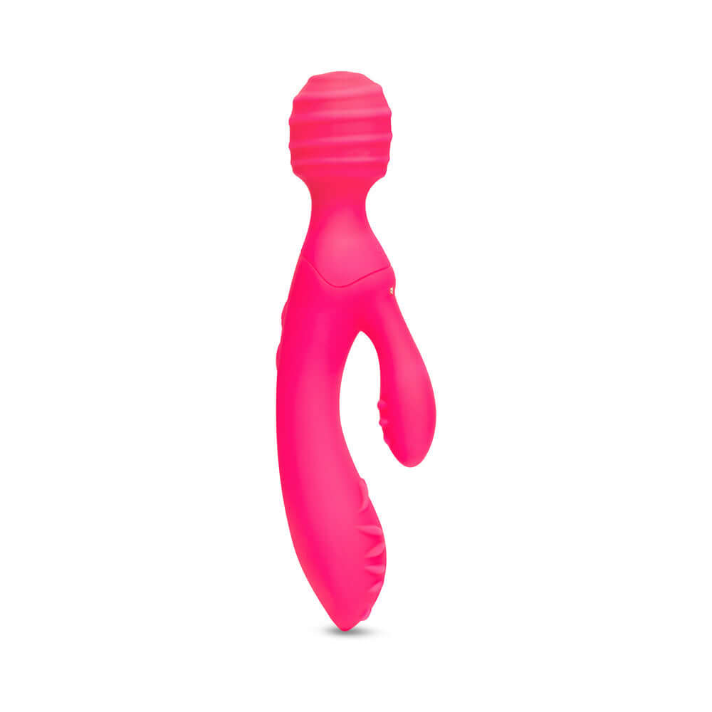 Together Tri Delight Dual-Ended Triple Stim Wand Rabbit Vibrator in vibrant pink color with textured surfaces.