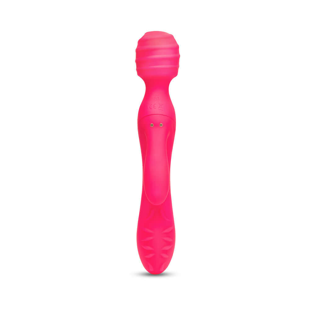 Together Tri Delight Dual-Ended Triple Stim Wand Rabbit Vibrator in vibrant pink, featuring textured surfaces for enhanced pleasure.