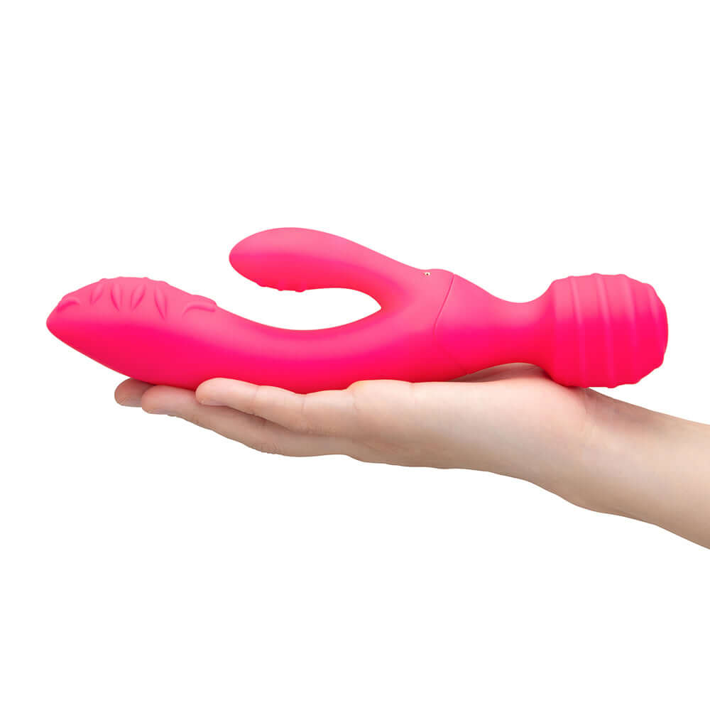 Together Tri Delight Dual-Ended Triple Stim Wand Rabbit Vibrator held in hand for perspective