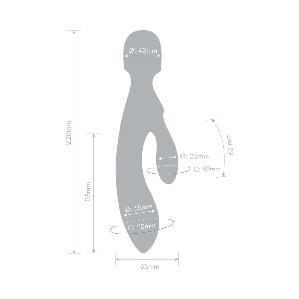 Dimensions of Together Tri Delight Dual-Ended Triple Stim Wand Rabbit Vibrator, showing measurements and shapes.