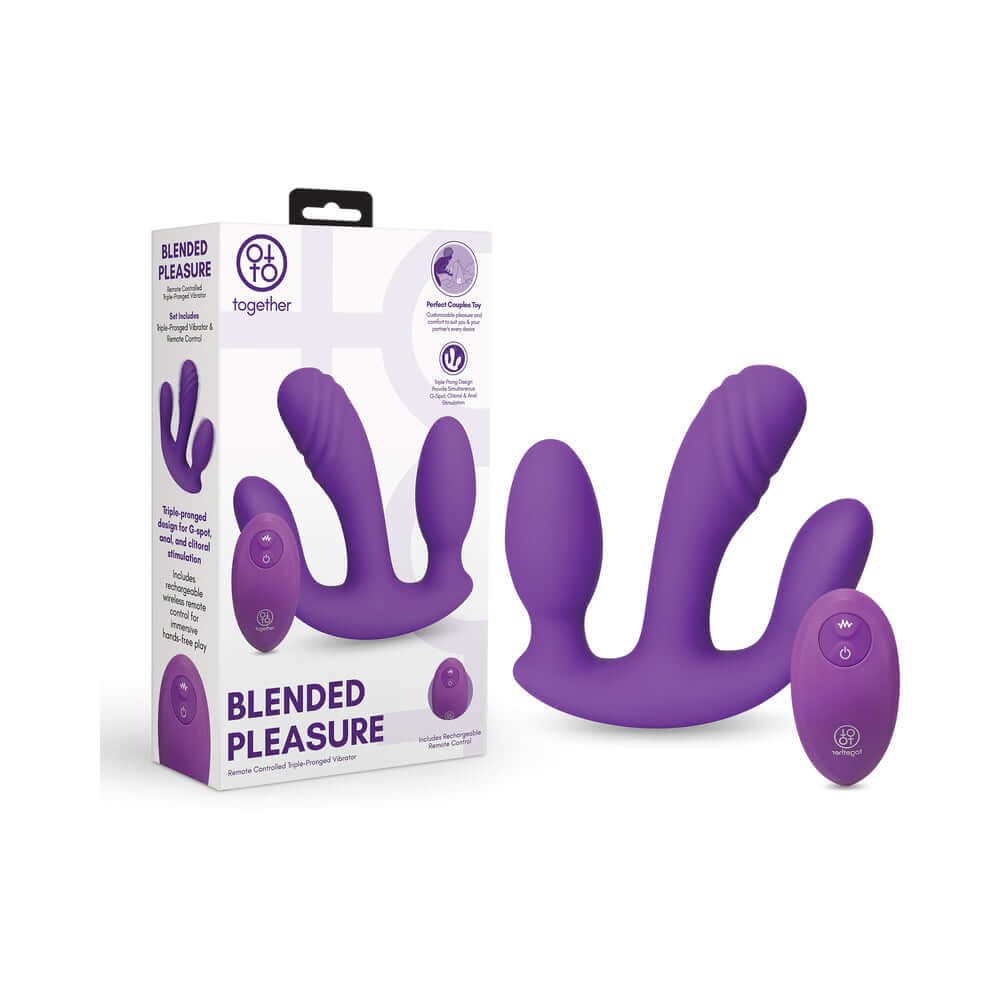 Together Blended Pleasure Remote Controlled Triple-Pronged Vibrator in purple packaging with remote control.