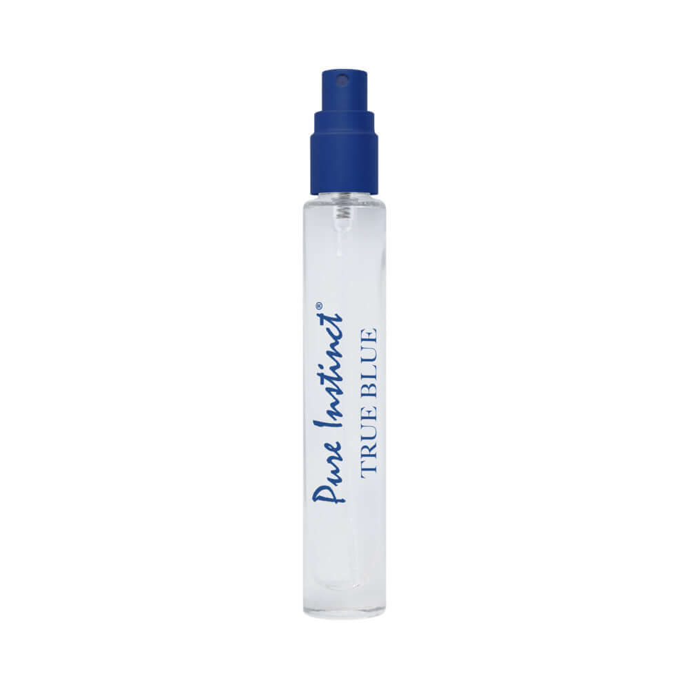 Pure Instinct Pheromone Perfume Spray True Blue 0.31 Oz in a sleek spray bottle.