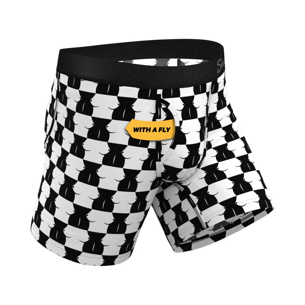 Shinesty Chest Mate Checkered Ball Hammock Pouch Underwear L featuring a black and white checkered design with a fly.
