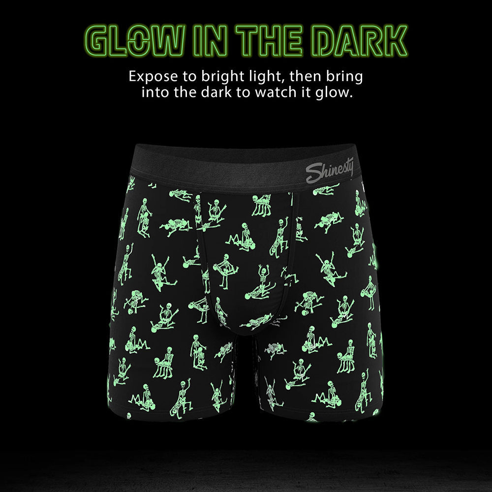 Shinesty Bare Back Bones Ball Hammock Pouch Underwear Small glow-in-the-dark skeleton print on black background.