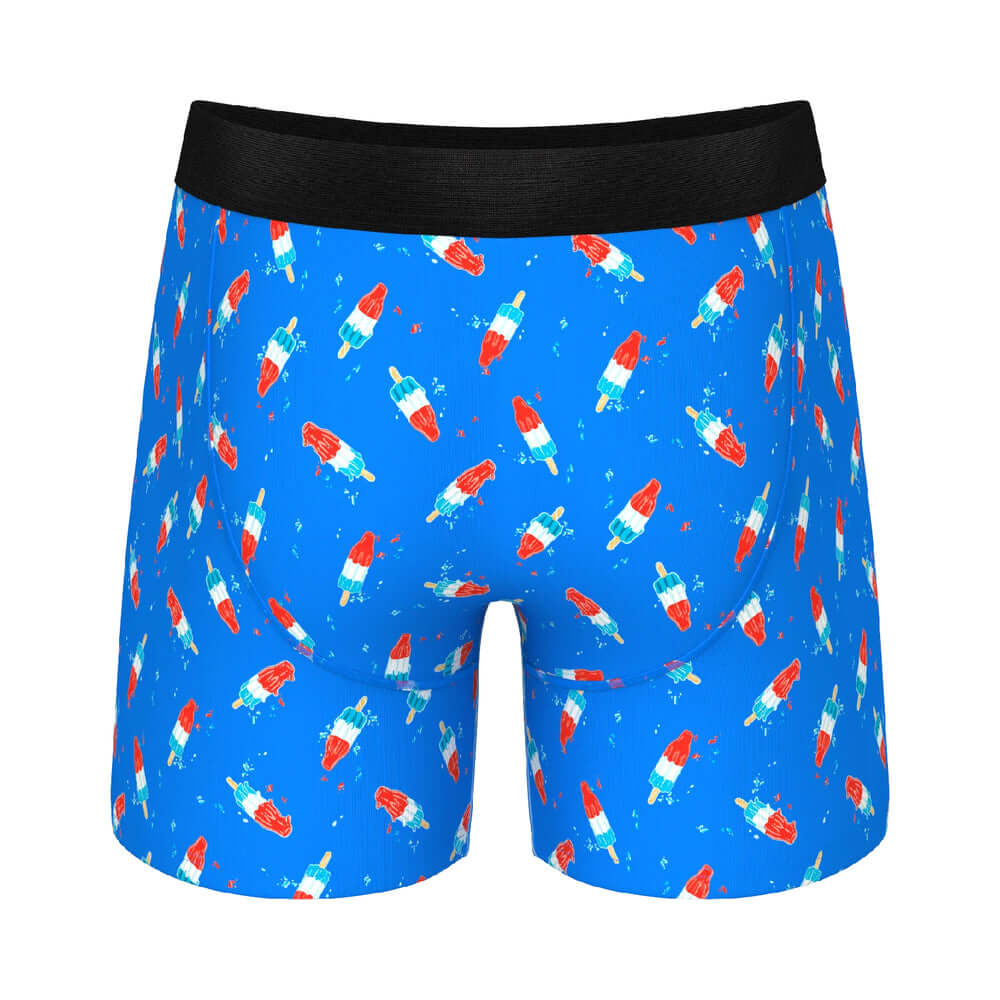 Shinesty The Popsicle Stick Apex USA Underwear with Fly L featuring a vibrant popsicle rocket pattern on a blue background.
