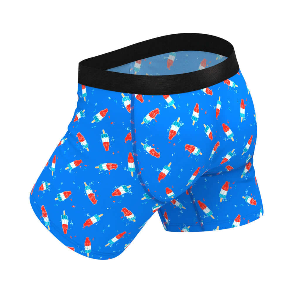 Shinesty The Popsicle Stick Apex USA Underwear with Fly 2 XL featuring a vibrant blue design with popsicle rocket patterns.