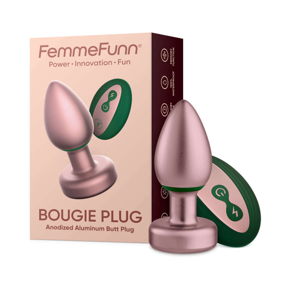 FemmeFunn Bougie Plug Rose Gold with packaging showcasing sleek design and anodized aluminum.