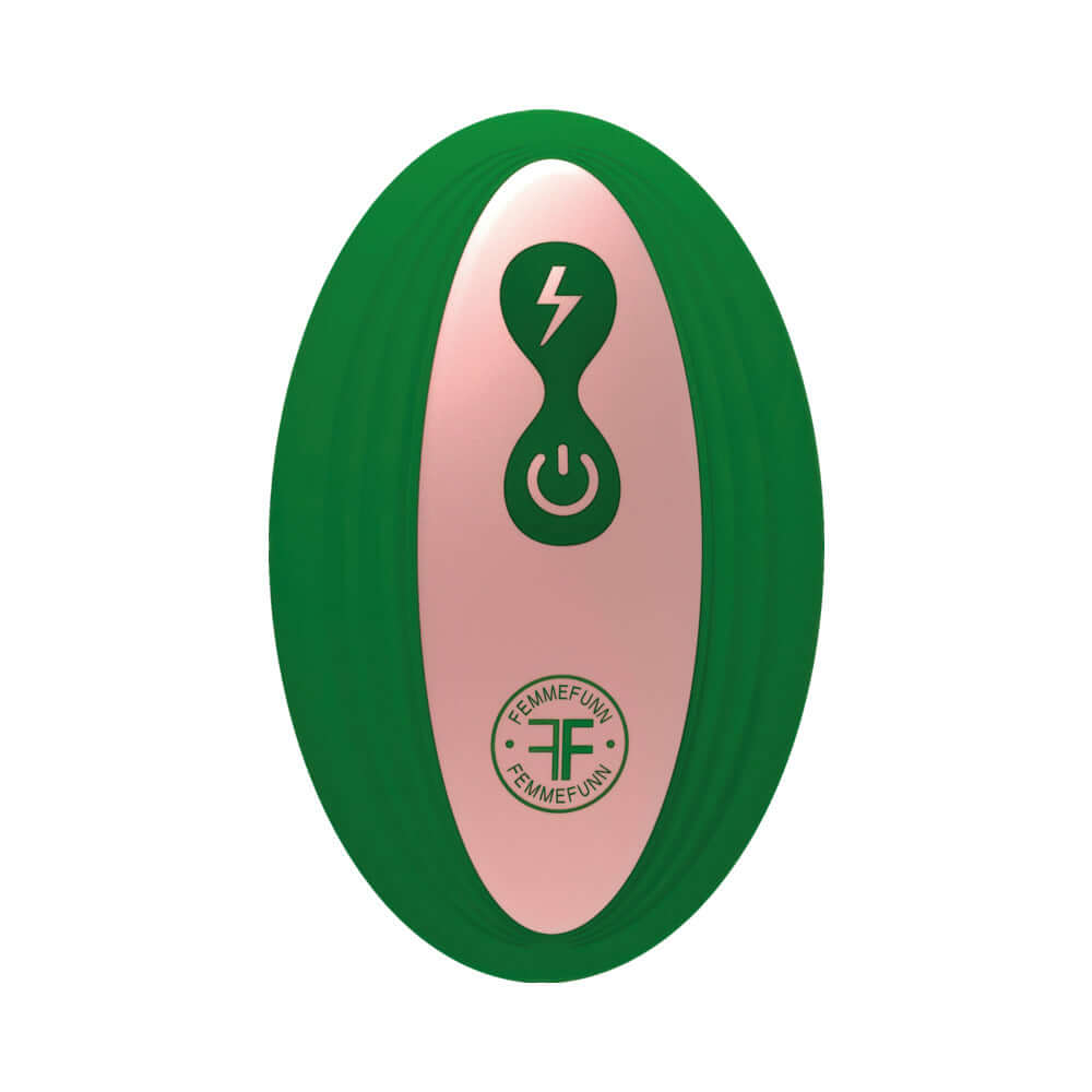 FemmeFunn Bougie Plug Rose Gold remote in green design with sleek buttons for luxurious pleasure.