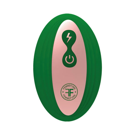 FemmeFunn Bougie Plug Rose Gold remote in green design with sleek buttons for luxurious pleasure.