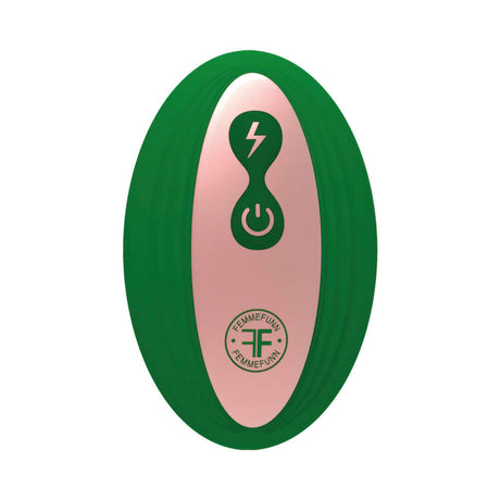FemmeFunn Bougie Plug Rose Gold remote in green design with sleek buttons for luxurious pleasure.