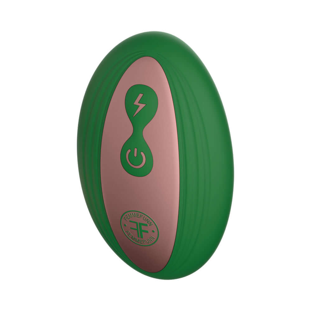 FemmeFunn Bougie Plug Rose Gold sleek design featuring green silicone and rose gold control buttons.