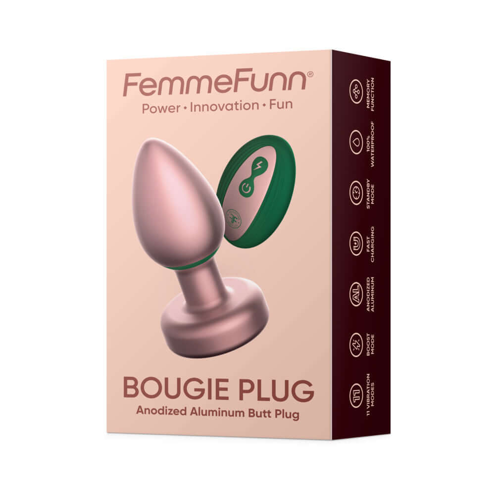 FemmeFunn Bougie Plug Rose Gold packaging featuring anodized aluminum butt plug design and control options.
