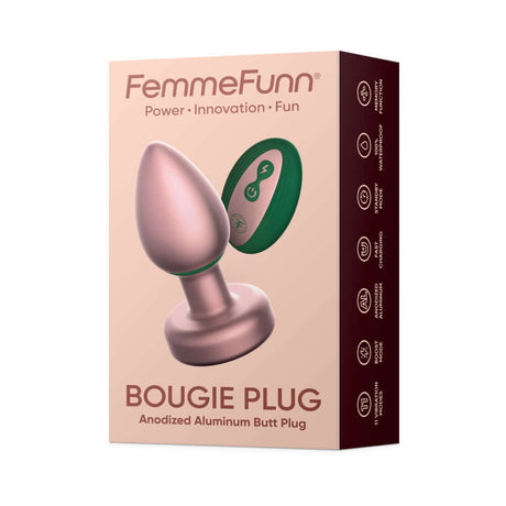 FemmeFunn Bougie Plug Rose Gold packaging featuring anodized aluminum butt plug design and control options.