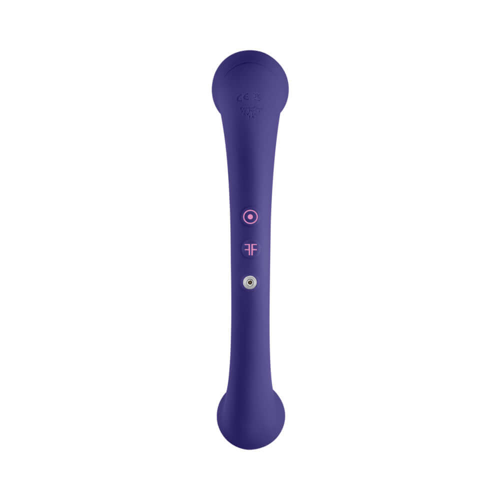 FemmeFunn Dual Stimulating Arc Vibrator Aluna Dark Purple, a sleek, dual-ended vibrator with user-friendly controls.