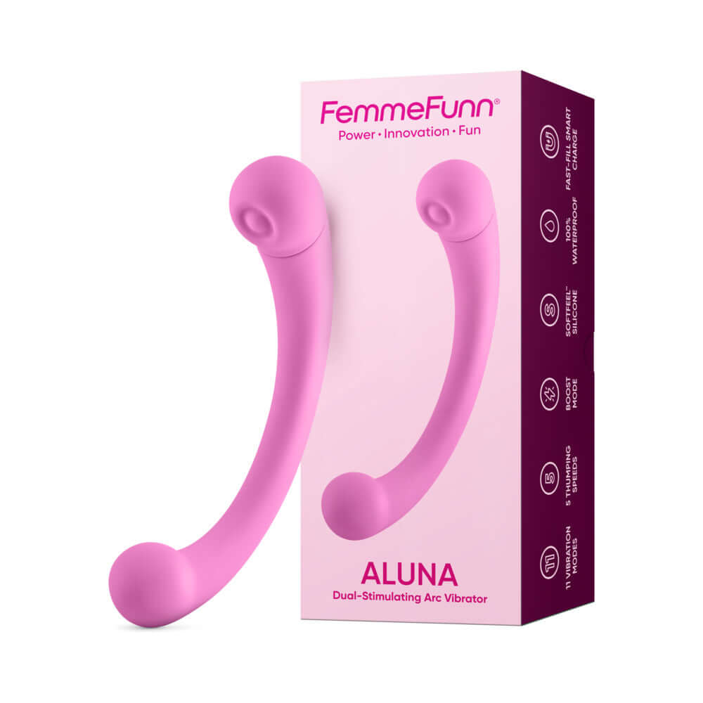 FemmeFunn Dual Stimulating Arc Vibrator Aluna Pink in packaging, showcasing its sleek design and dual stimulation features.