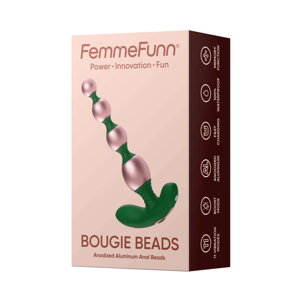FemmeFunn Bougie Beads Rose Gold packaging featuring anodized aluminum anal beads in a sleek design.