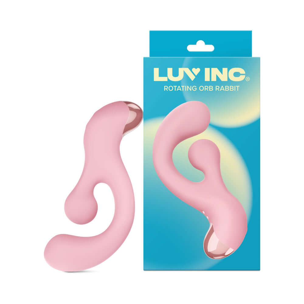 Luv Inc Rotating Orb Rabbit Light Pink displayed next to its packaging, emphasizing its ergonomic design for pleasure.