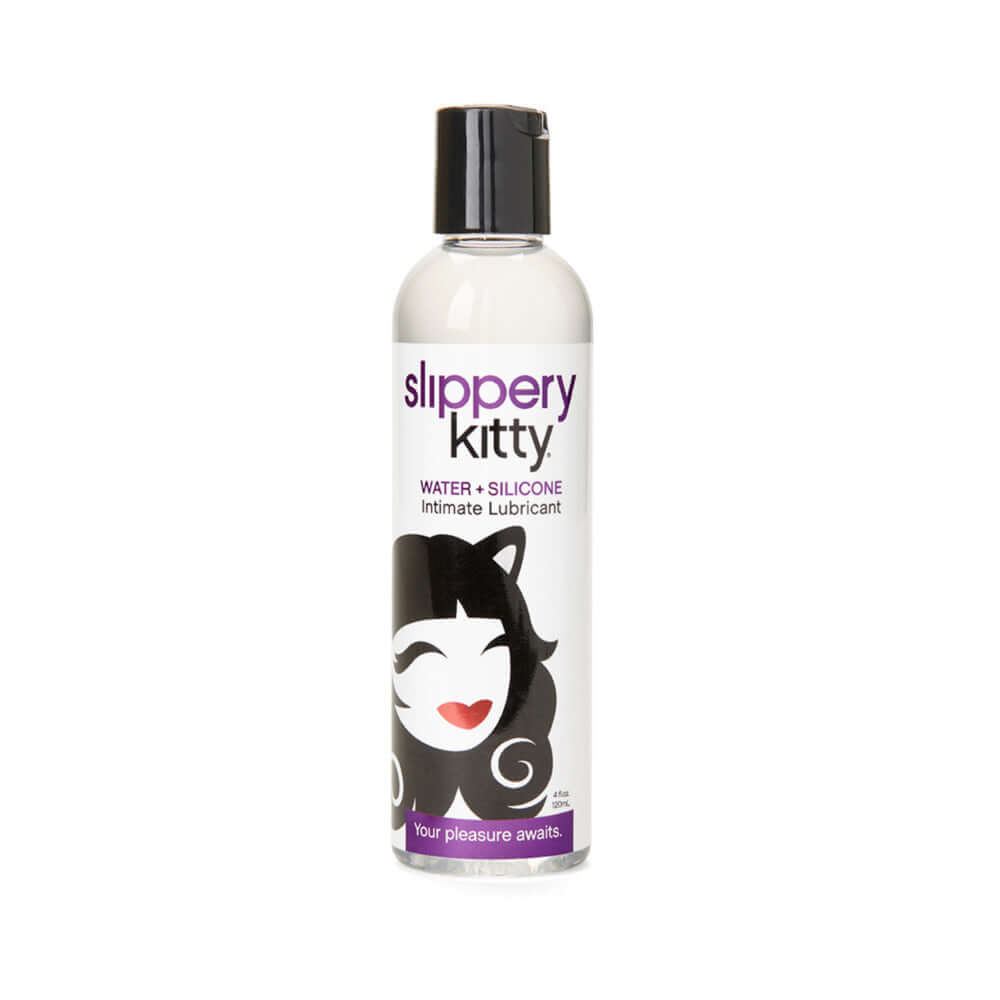 Slippery Kitty Hybrid Lubricant 4 Oz bottle with water and silicone blend for intimate use.