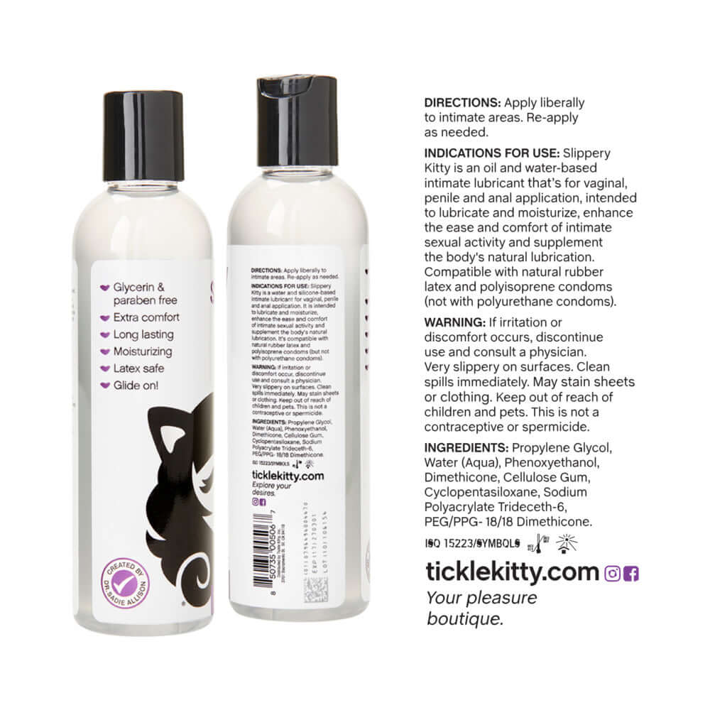 Slippery Kitty Hybrid Lubricant 4 Oz bottle with clear label and directions for use.