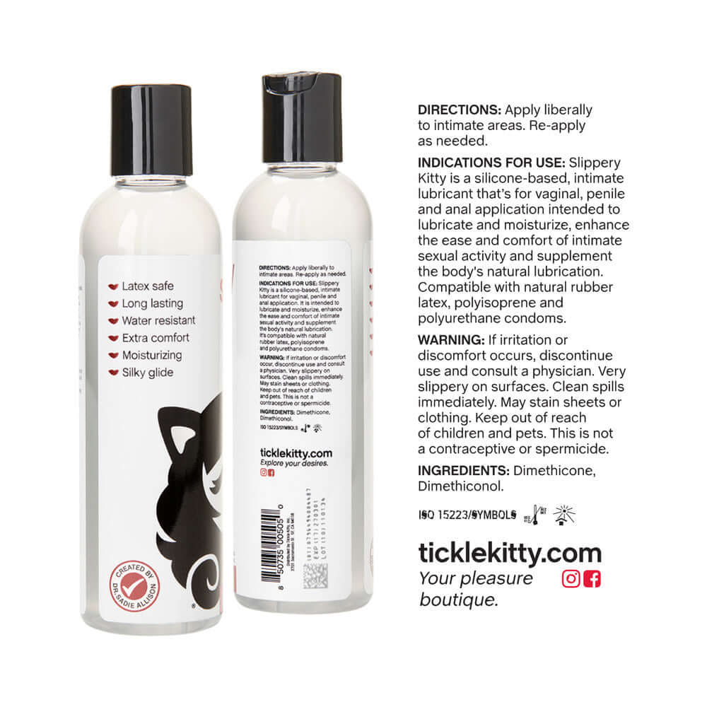 Slippery Kitty Silicone Lubricant 4 Oz bottle with directions and ingredients on packaging.