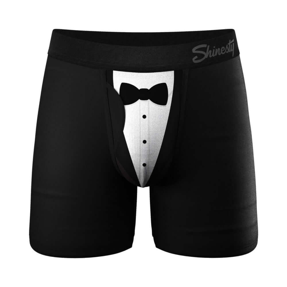 Shinesty The 009 Black Tuxedo Pouch Underwear with Fly L featuring a stylish tuxedo design and comfortable fit.
