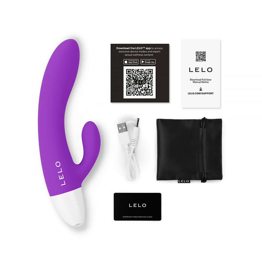 LELO KAYA Originals Rabbit Vibrator in purple, USB charging cable, instruction cards, and storage pouch included.