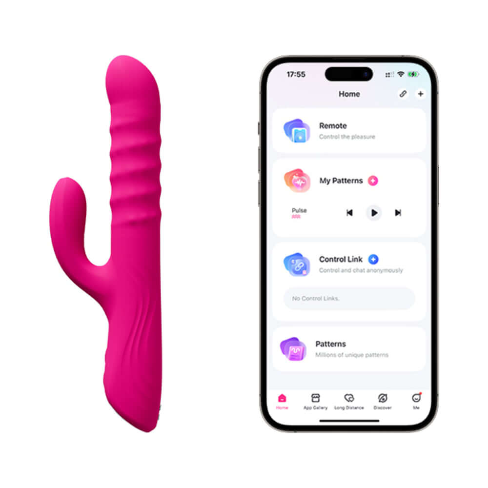 Lovense Velvo Rotating Beaded G-spot & Clit Rabbit Vibrator next to app interface for control.