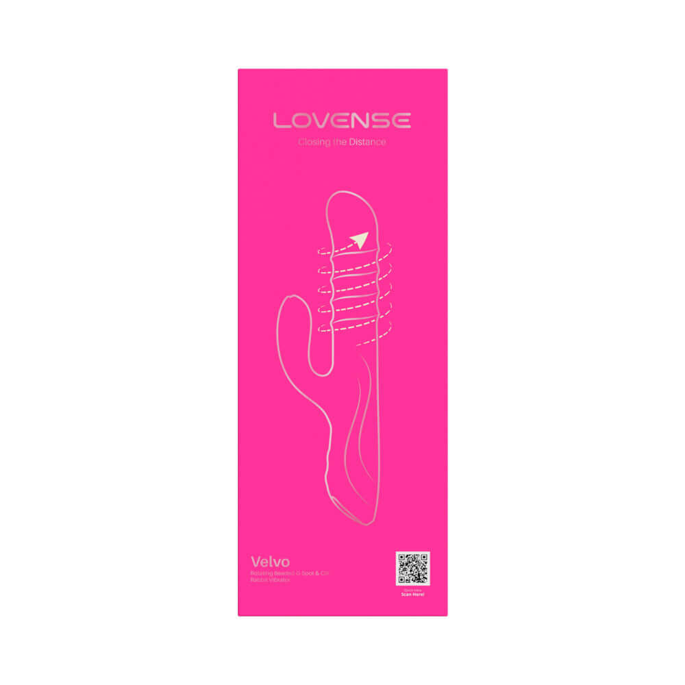Lovense Velvo Rotating Beaded G-spot & Clit Rabbit Vibrator packaging with instructions and branding.