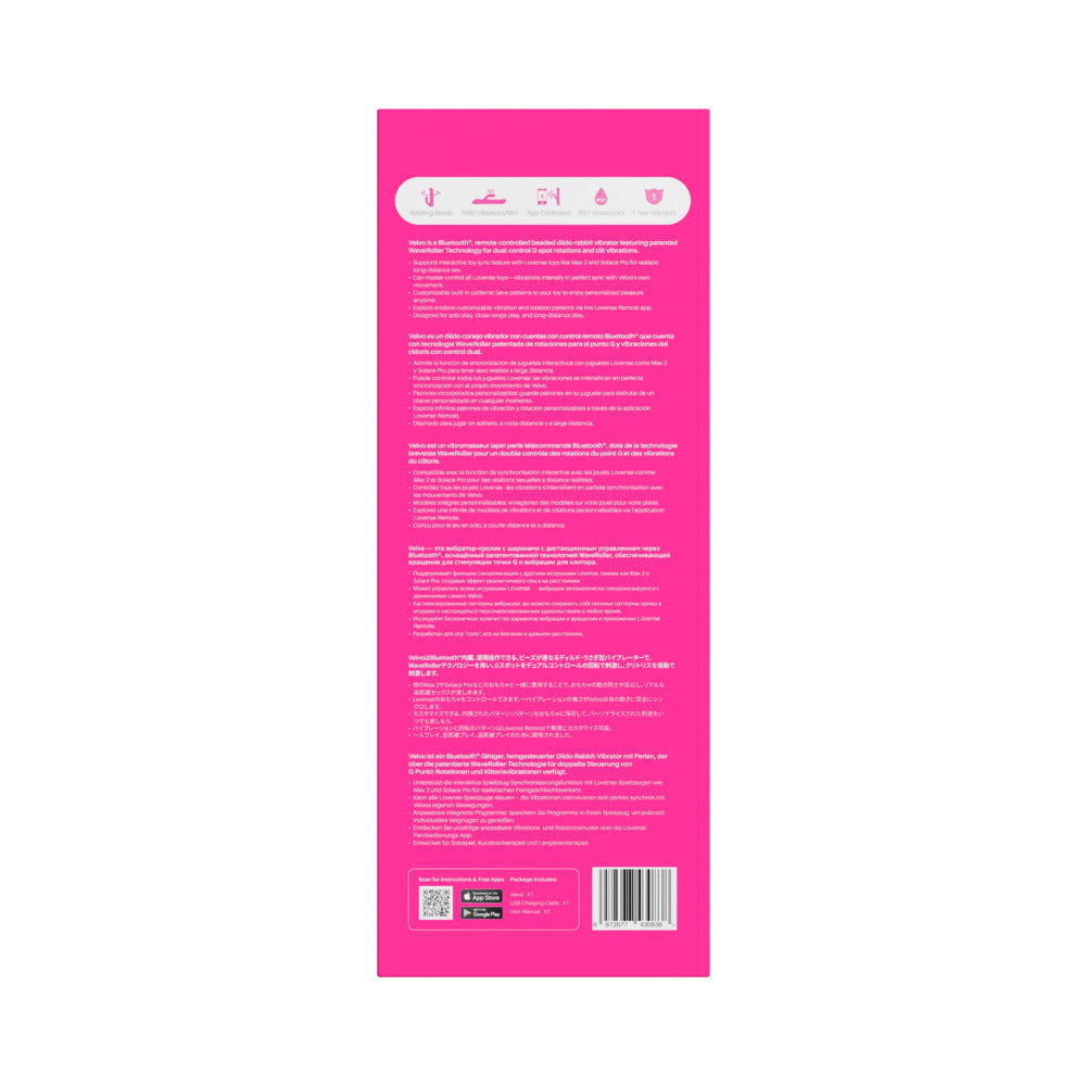 Back packaging of the Lovense Velvo Rotating Beaded G-spot & Clit Rabbit Vibrator with detailed instructions.