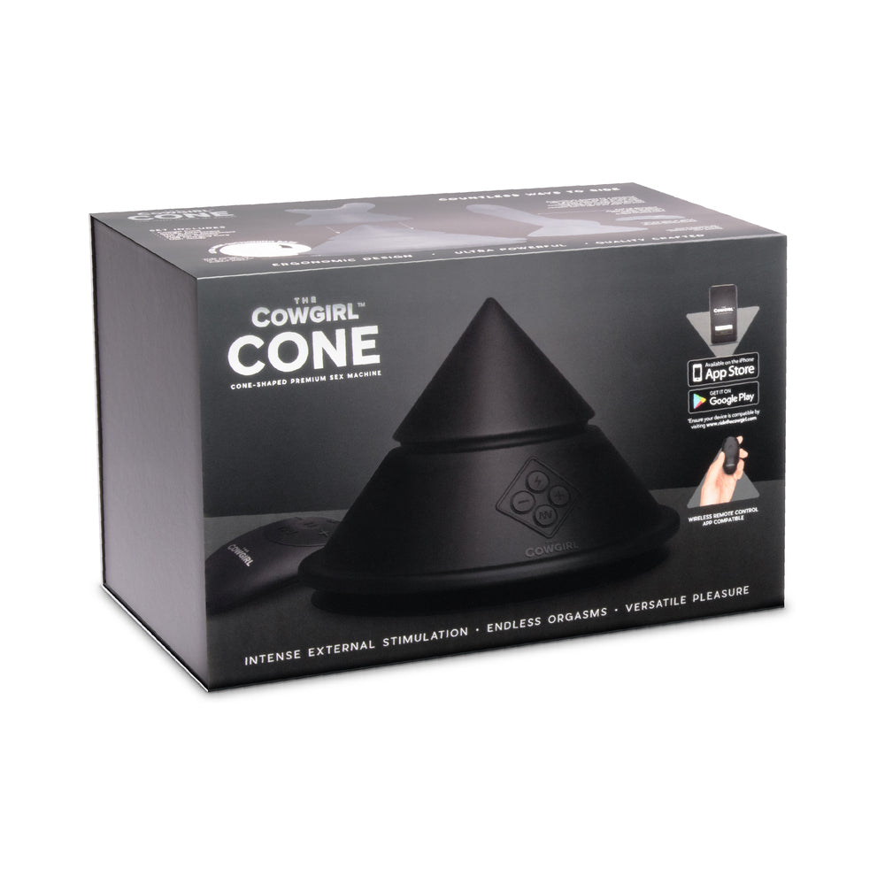 Cowgirl Cone Premium Sex Machine with App and Remote Control packaging showcasing unique design and remote features.