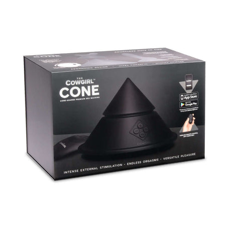 Cowgirl Cone Premium Sex Machine with App and Remote Control packaging showcasing unique design and remote features.
