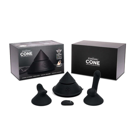 Cowgirl Cone Premium Sex Machine with App and Remote Control packaging and accessories.
