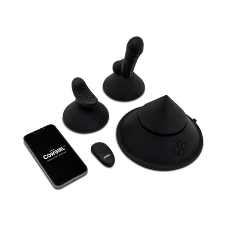 Cowgirl Cone Premium Sex Machine with App and Remote Control parts displayed including smartphone.