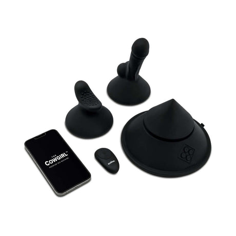 Cowgirl Cone Premium Sex Machine with App and Remote Control parts displayed including smartphone.