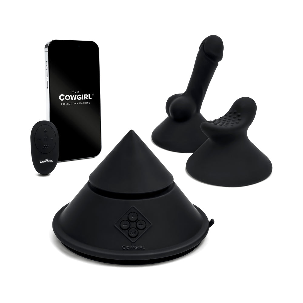 Cowgirl Cone Premium Sex Machine with App and Remote Control accessory set including remote and attachments.