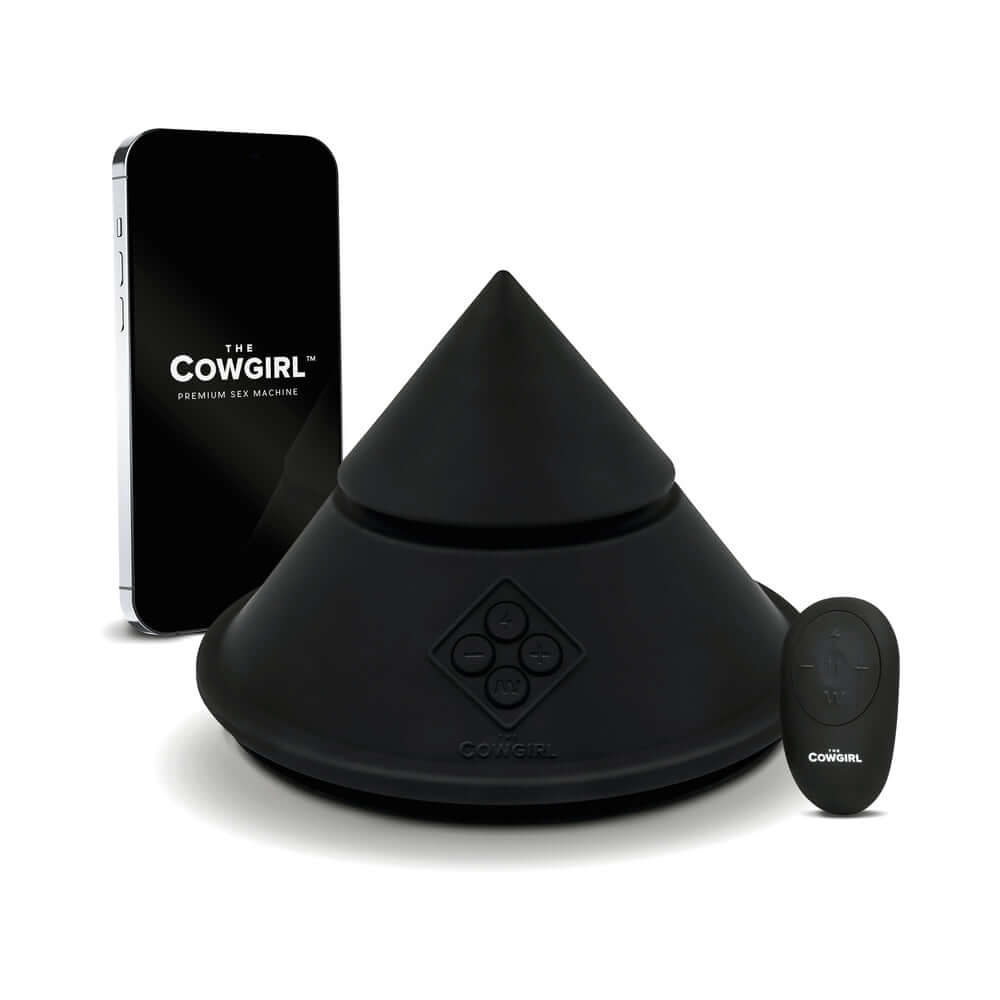 Cowgirl Cone Premium Sex Machine with App and Remote Control, featuring a sleek design and remote for hands-free pleasure.