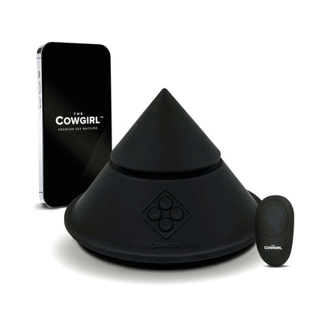 Cowgirl Cone Premium Sex Machine with App and Remote Control, featuring a sleek design and remote for hands-free pleasure.