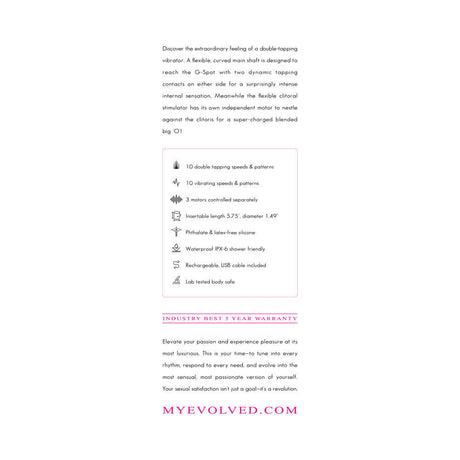 Evolved G Tapper G-spot Clitoral Stimulation features double-tapping vibrator with flexible clitoral stimulator.