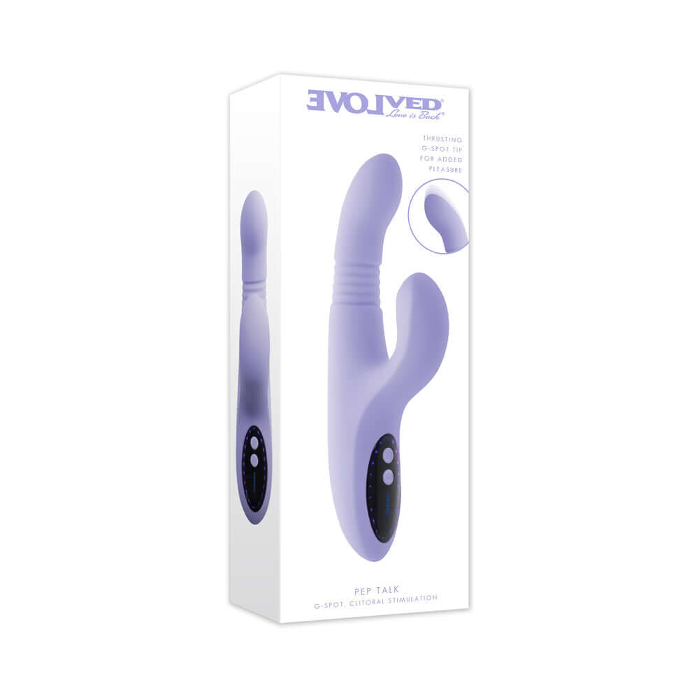Evolved Pep Talk G-spot Clitoral Vibrator packaging showcasing its innovative design and functionality.