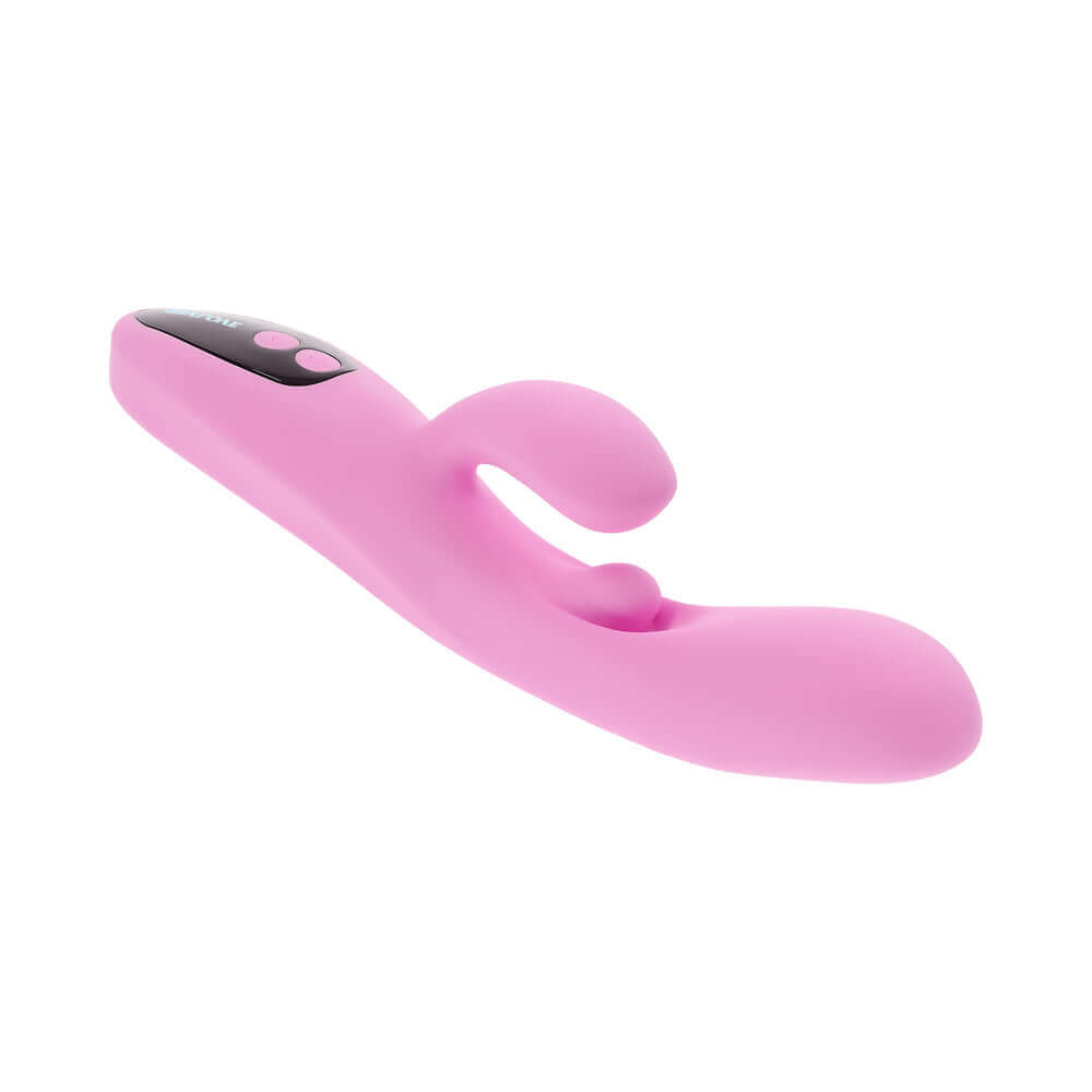Evolved Push the Button G-spot Clitoral Stimulation vibrator in pink, designed for targeted pleasure and rhythmic sensations.