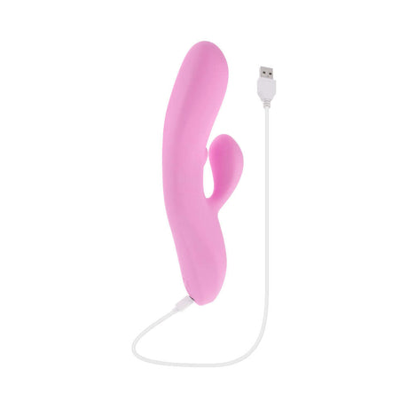 Evolved Push the Button G-spot Clitoral Stimulation vibrator in pink, featuring a USB charging cable for pleasure on demand.