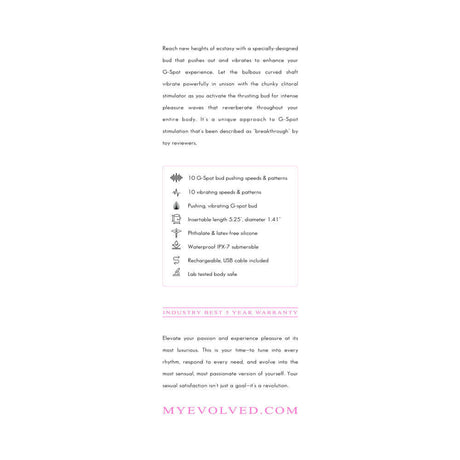 Evolved Push the Button G-spot Clitoral Stimulation vibrator features innovative G-spot bud for targeted pleasure.