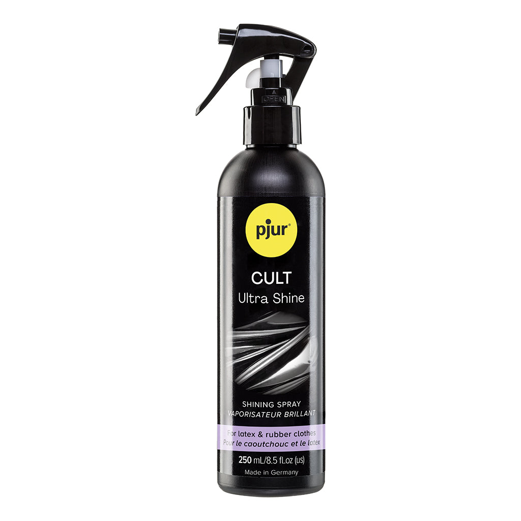 Pjur Cult Ultra Shine 8.5 Oz spray bottle for latex and rubber clothes, providing shine and protection.