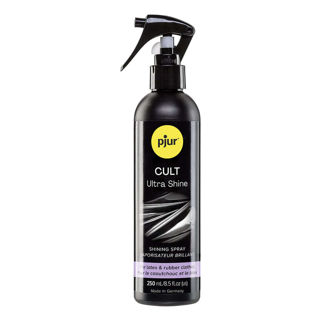 Pjur Cult Ultra Shine 8.5 Oz spray bottle for latex and rubber clothes, providing shine and protection.