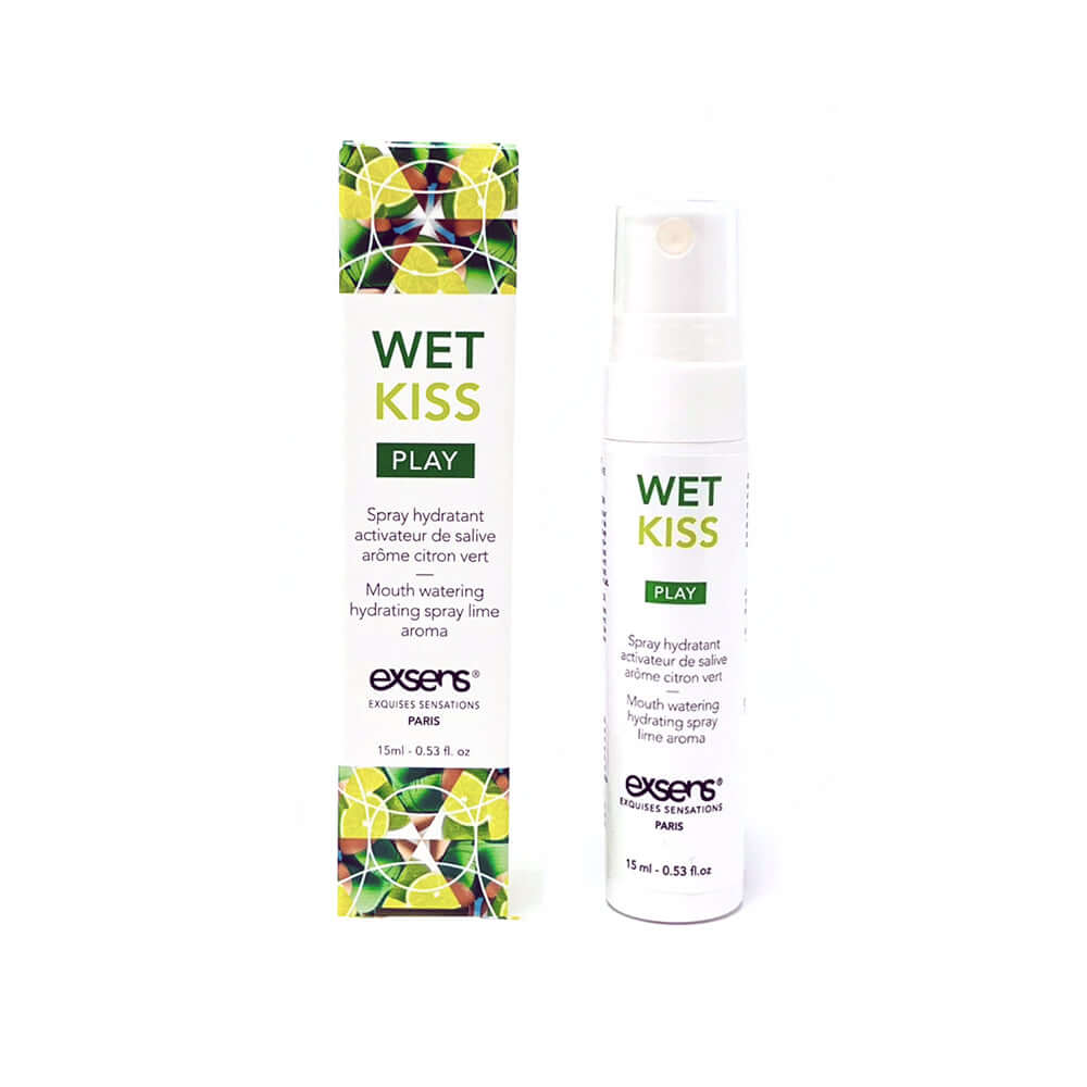 Exsens Wet Kiss Lime Moisturizing Saliva Spray 15 ml with refreshing zesty lime flavor and hydrating formula.