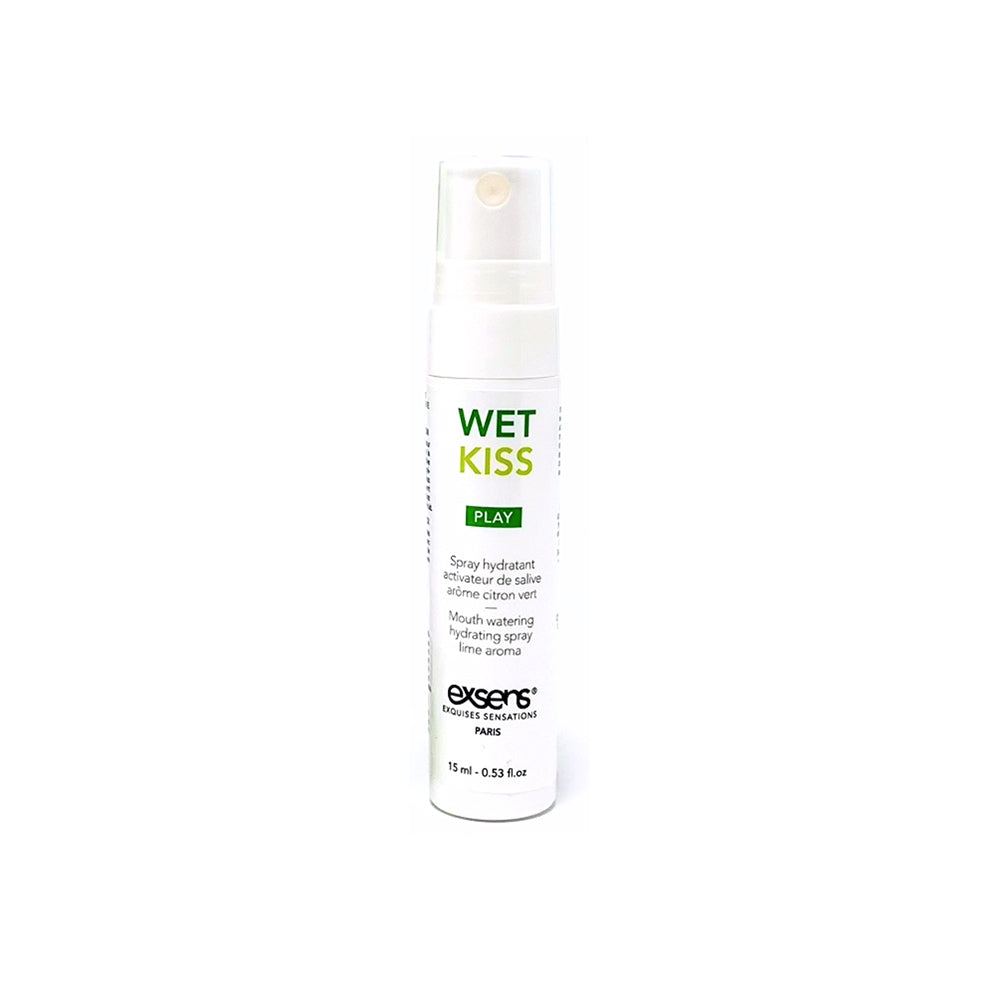 Exsens Wet Kiss Lime Moisturizing Saliva Spray 15 ml bottle with refreshing lime flavor.