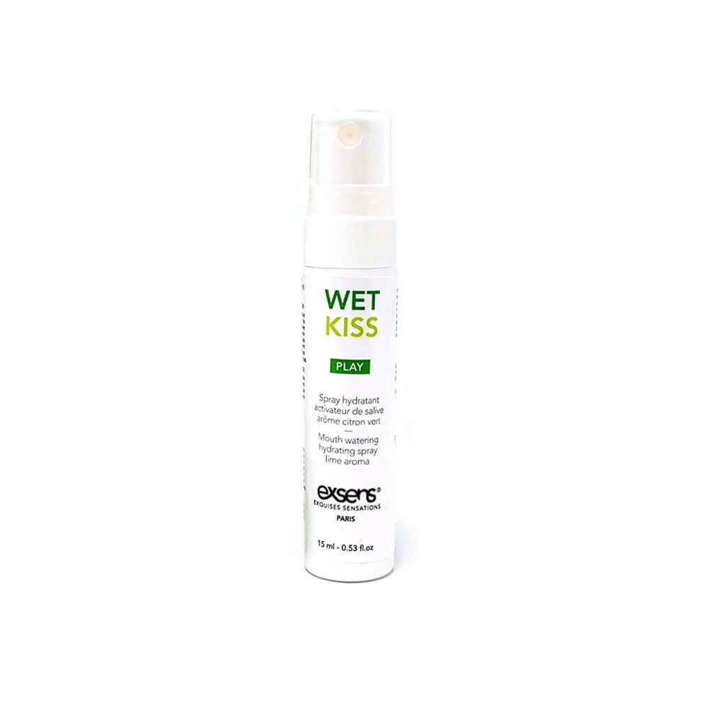 Exsens Wet Kiss Lime Moisturizing Saliva Spray 15 ml bottle with refreshing lime flavor.