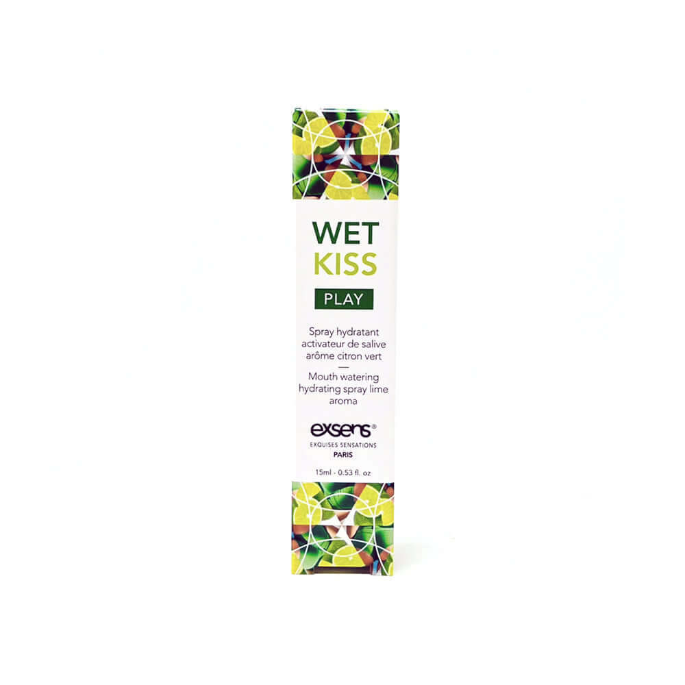 Exsens Wet Kiss Lime Moisturizing Saliva Spray 15 ml packaging showcasing vibrant design and refreshing lime flavor.