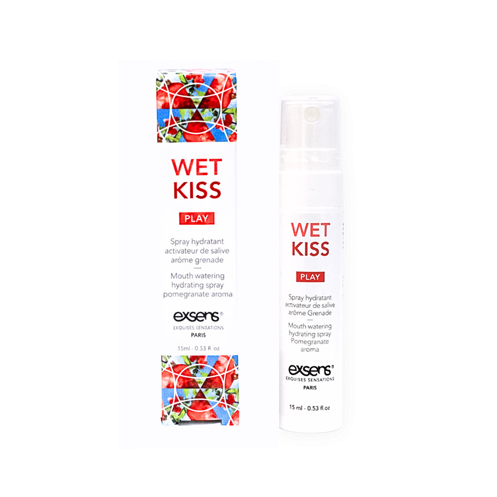 Exsens Wet Kiss Pomegranate Moisturizing Saliva Spray 15 ml packaging and product bottle.
